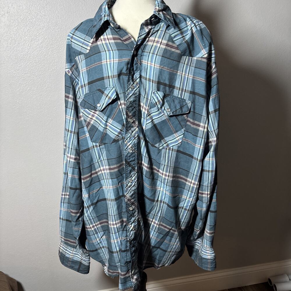 Wrangler Pearl Snap Western Shirt Light Blue Long Sleeve Size 2XT XXL Tall Men's